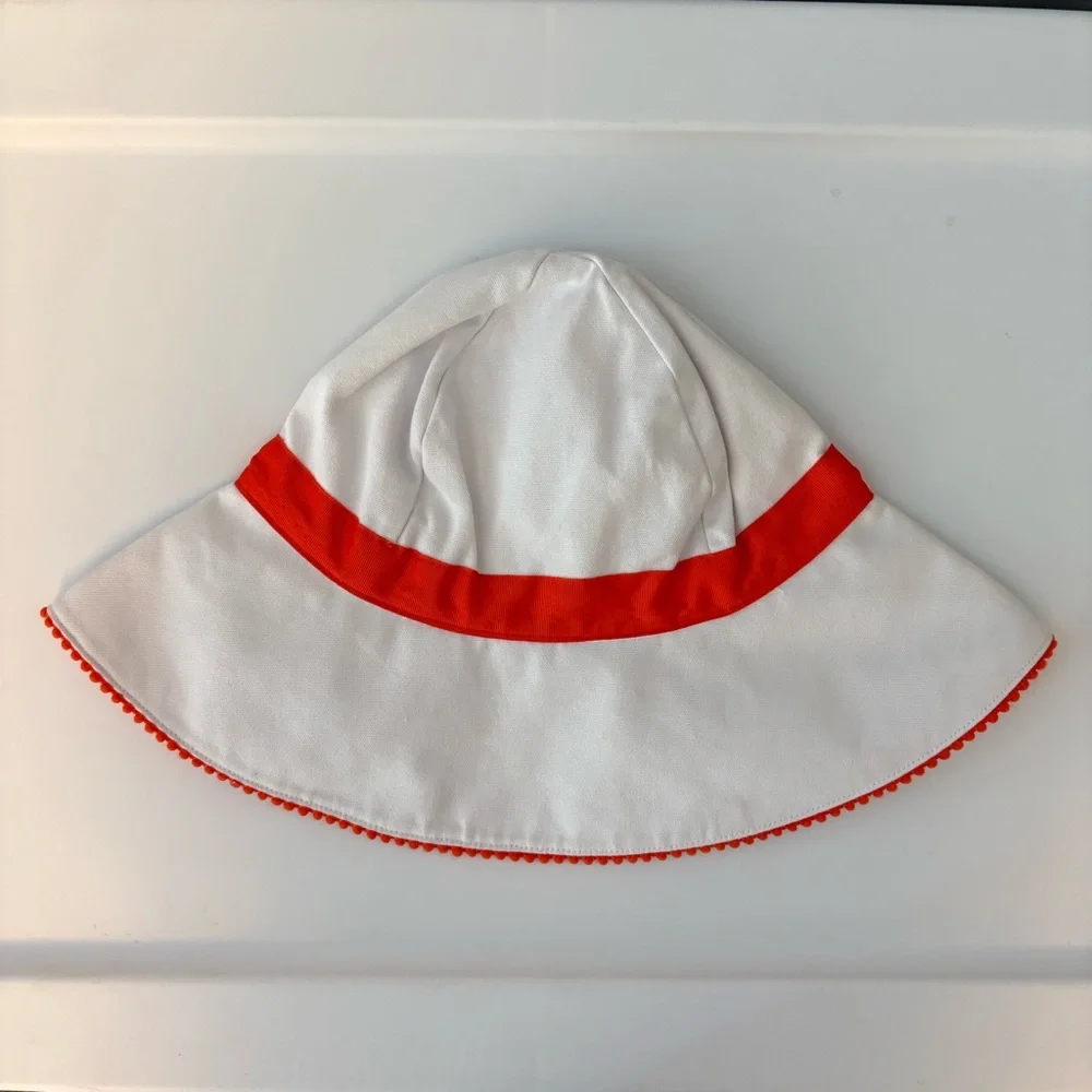 Janie and Jack white sunhat with orange bow and pom trim size 6-8